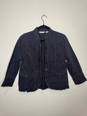 DKNY Jeans brand blue denim jacket featuring distinctive ruffle detailing